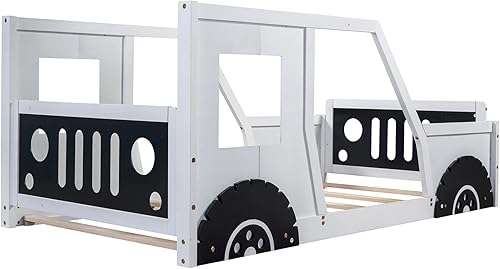 Miniatura 3 de Cama de plataforma clásica en forma de automóvil con ruedas, marco de cama de tamaño individual con ventanas para dormitorio, no necesita caja de