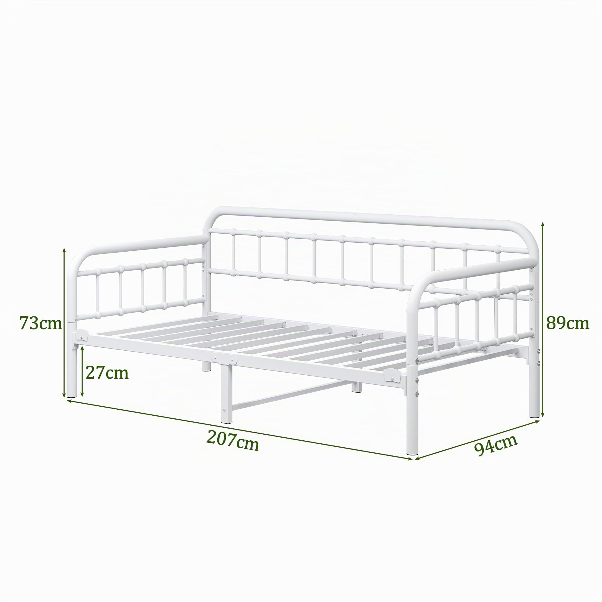 Tagesbett Bettgestell 90x190 cm, Robuste Stahl Plattformbett, Weiß | Metall Tagesbett 90x190 cm, stabile Stahlkonstruktion, robuste Latten, ideal als Gästebett für Schlafzimmer und Wohnzimmer
