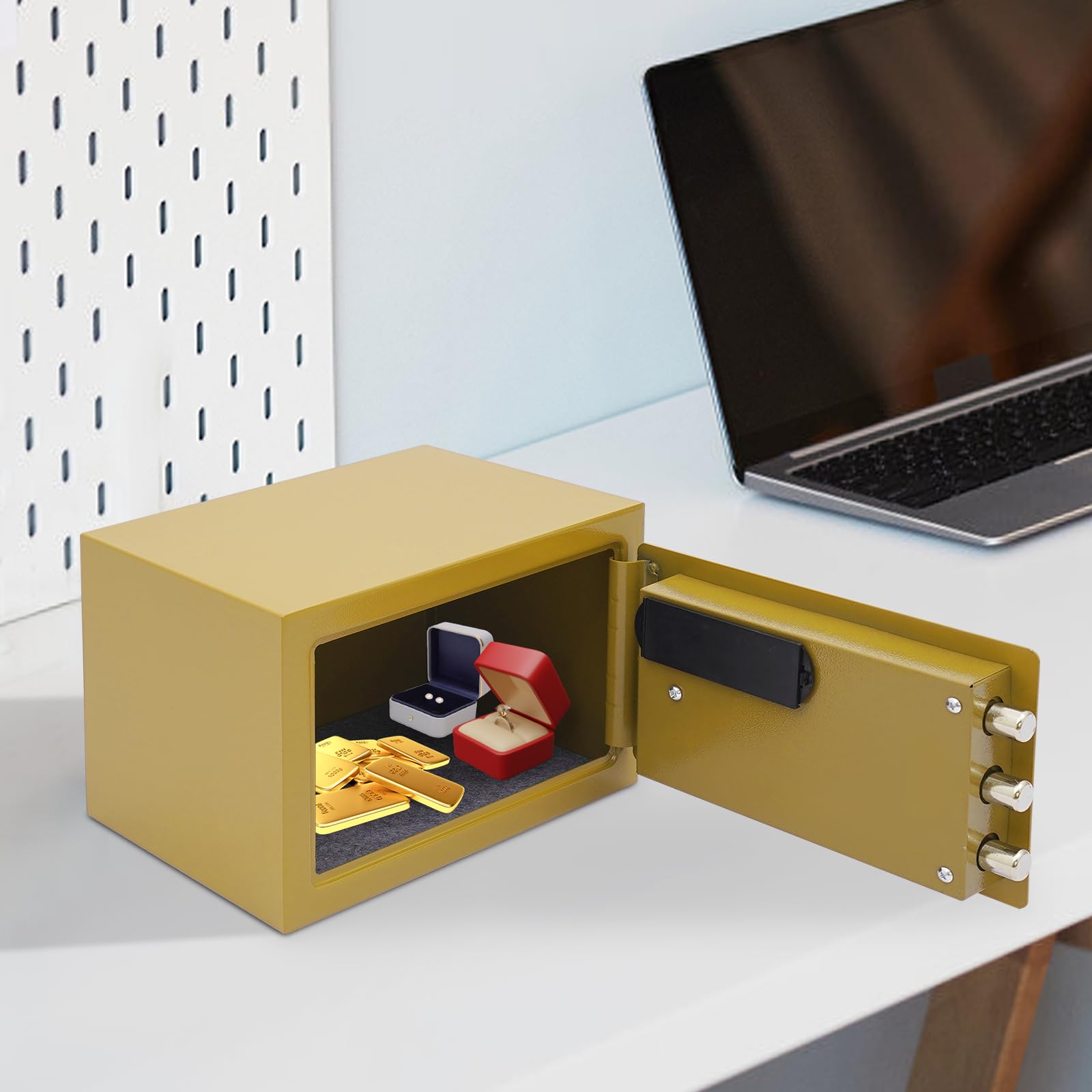 Cassaforte Elettronico Digitale, Cassaforte in Acciaio, Serratura Digitale e 2 Chiavi, Allarme Intelligente, Parete e Posabile per Gioielli, Argento e Documenti (Oro)