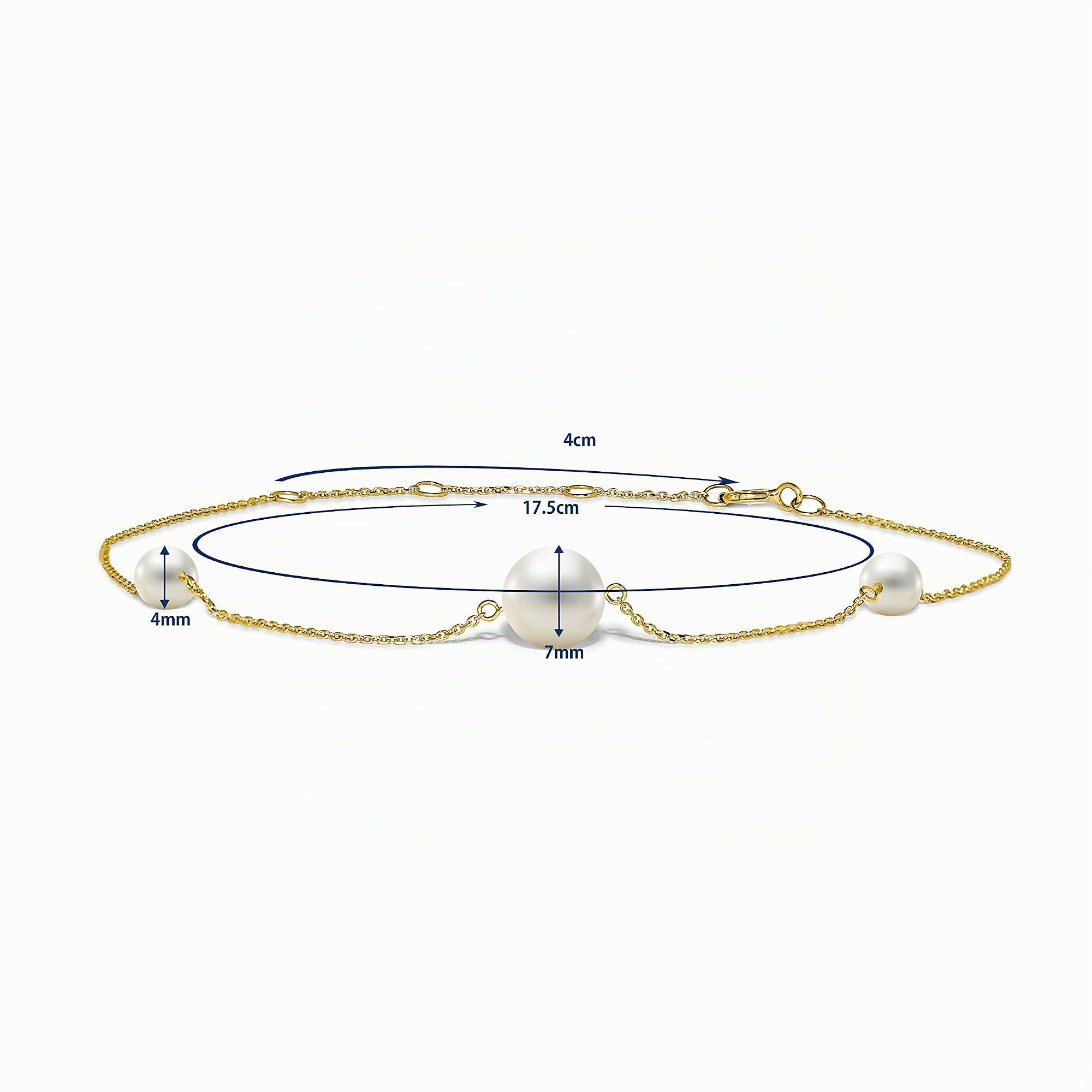 MIORE Pulsera de mujer con perlas, cadena de oro amarillo de 14 ct 585 con 3 perlas naturales trabillas, perlas blancas cultivadas en agua dulce. Pulsera con cadena de 17,5 cm de largo extensible a