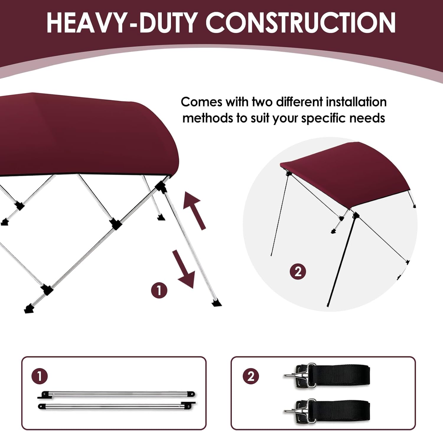 Bimini Boat Top Cover Sun Shade 3-4 Bow Boat Canopy Includes 4 Straps 2 Rear Support Poles Mounting Hardwares Storage Boot with 1" Aluminum Frame (Burgundy, 4 Bow 8'L x 54" H x 67"-72" W)