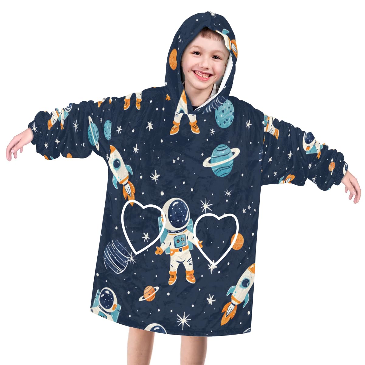 Wearable Blanket Hoodie for Kids, Creative Astronaut Rocket Fleece Sweatshirt Blanket Oversized Blanket Sweatshirt with Pocket Flannel Warm Hooded Blanket 6-10 Year Old Girl Boy Gift, One Size