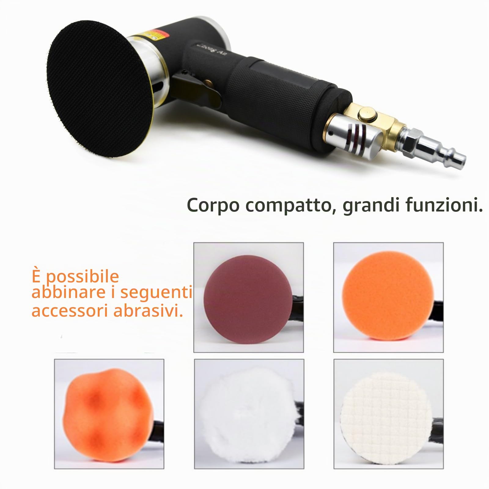 Mini levigatrice orbitale ad aria compressa, levigatrice oscillante, lucidatrice, alta velocità 12000 RPM, levigatrice con platorelli da 50 mm e 75 mm, nero