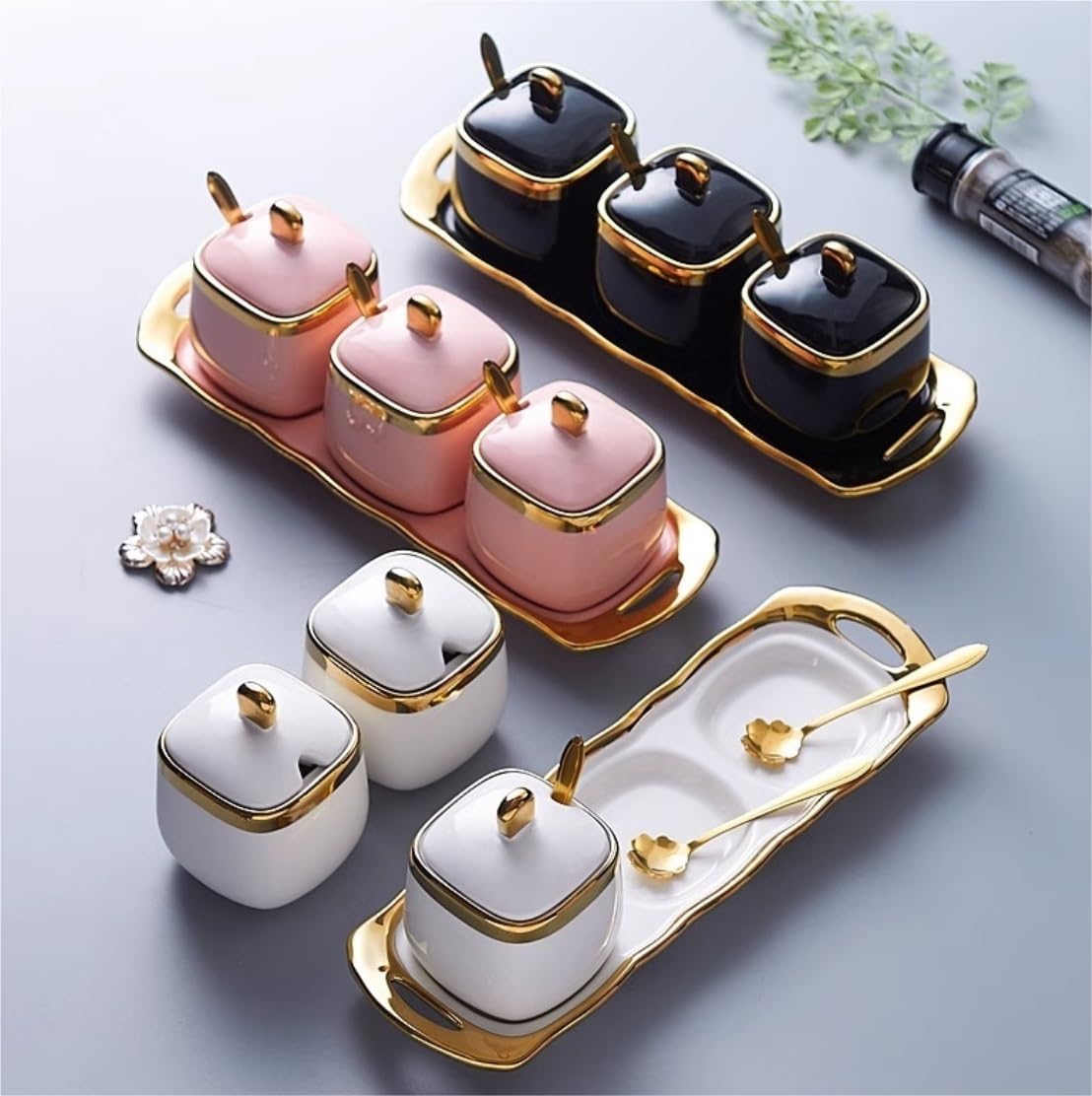 Seasoning Box Condiment Pots Ceramic Condiment Container Set Seasoning Box With Spoon Lid And Tray Seasoning Jar Container Seasoning Box Spice Jars (Color : F, Size : 3p
