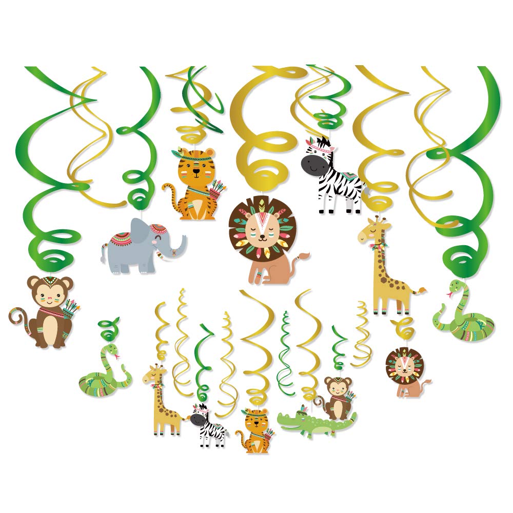 Kristin Paradise 30Ct Safari Animals Hanging Swirl Decorations, Jungle Party Supplies, Wild Birthday Theme Decor for Boy Girl Baby Shower, Tribal 1st