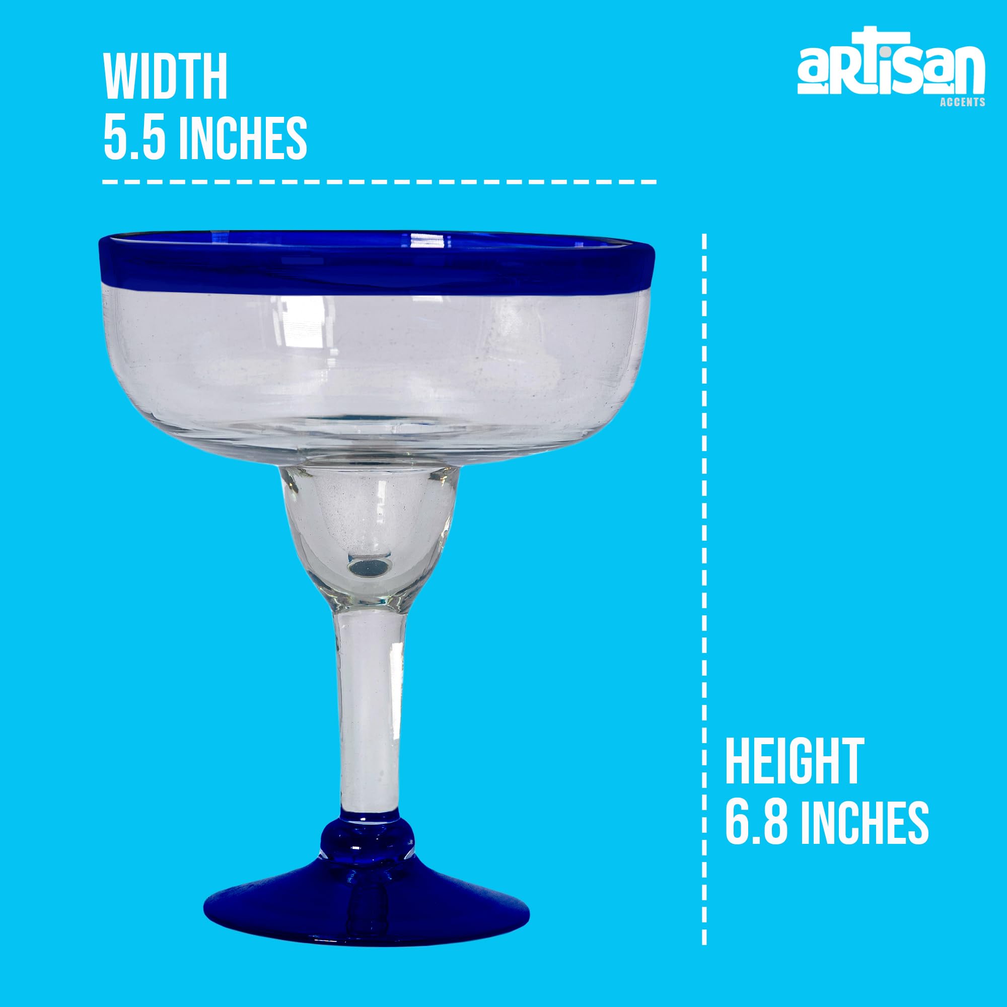 Vasos grandes de margarita mexicana soplados a mano, auténtico cristal hecho a mano de México, borde azul cobalto, juego de fiesta, perfecto para margaritas, piña coladas, cócteles congelados u otras