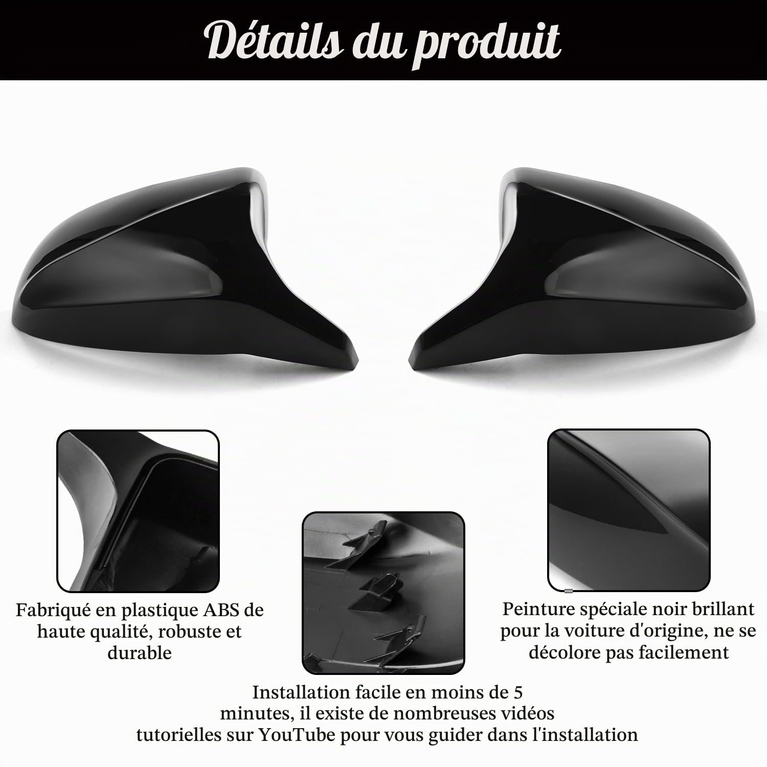 Coques de Rétroviseurs pour Voiture, Porte Latérale Aile Rétroviseur ABS Compatible avec X5 X6 E70 E71 2007-2013, Noir brillant, 1 Paire