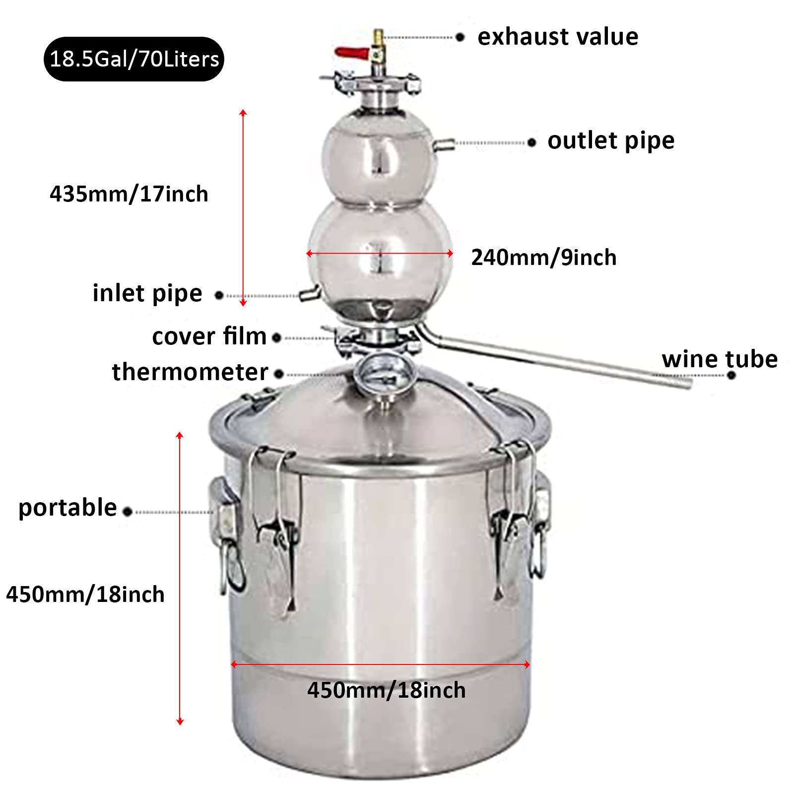 YUEWO New 18.5Gal/70L Still with Gourd Shape Condenser Ethanol Vodka Copper Still Water Alcohol Distiller Home Brewing Kit for Home Countertop