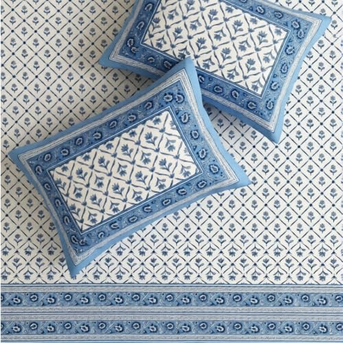 Image of Naksh Queen Size Bed Sheet Cotton | Dusty Blue Lattice Botanical Bedsheet with 2 Pillow Covers | Soft Breathable Blue Printed Bedding Set | Royal Sajawat Collection |
