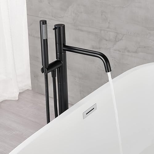 Miniatura 4 de Llenador de bañera independiente Grifo de bañera Negro Montaje en el piso Grifos de baño de latón de una sola manija con ducha de mano