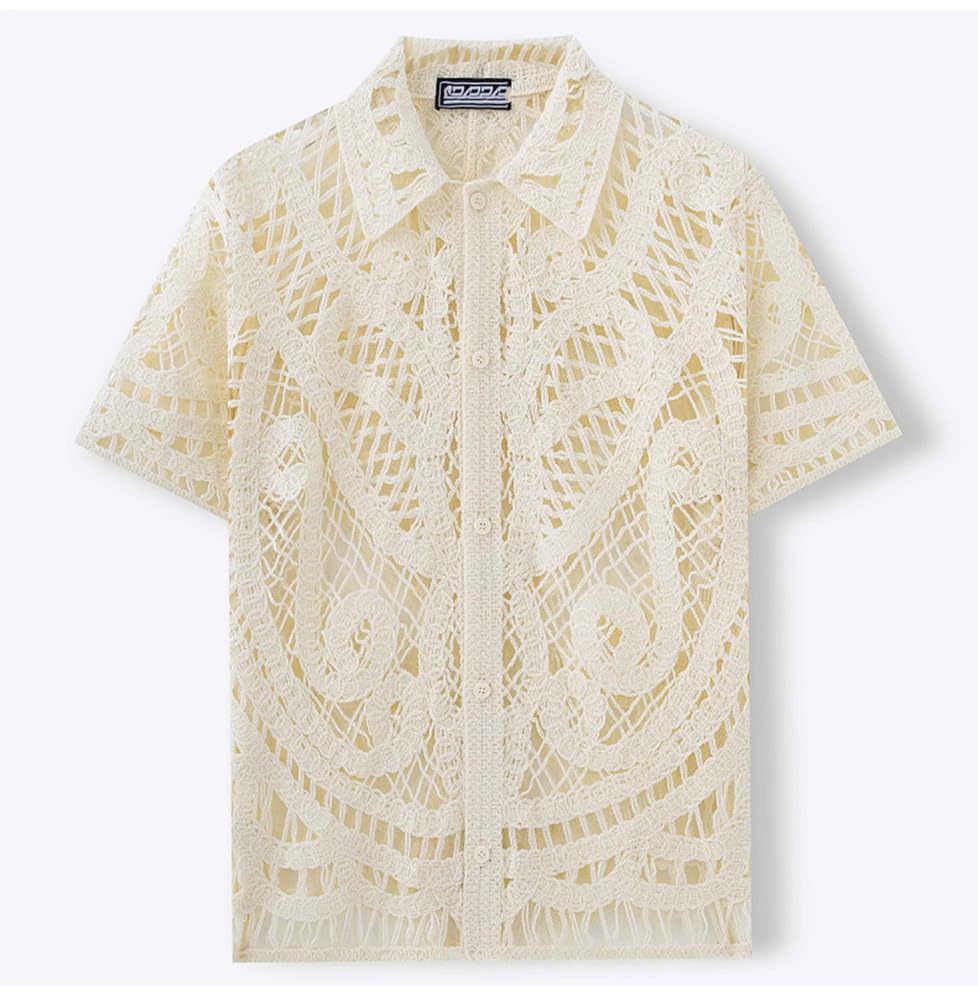 Herren Button-Down-Hemd Kurzarm Häkeln Aushöhlen Stricken Sommer durchsichtige Urlaub Strandhemden