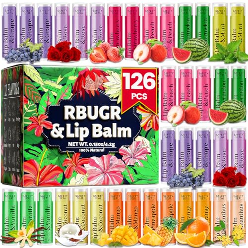 RBUGR 126 Pcs Lip Balm Bulk- 12-Flavored Natural Organic Moisturizing Lip Balm Set for Cracked Lips Bulk Pack Valentine Party Favors Gifts (4.2g/0.15oz)