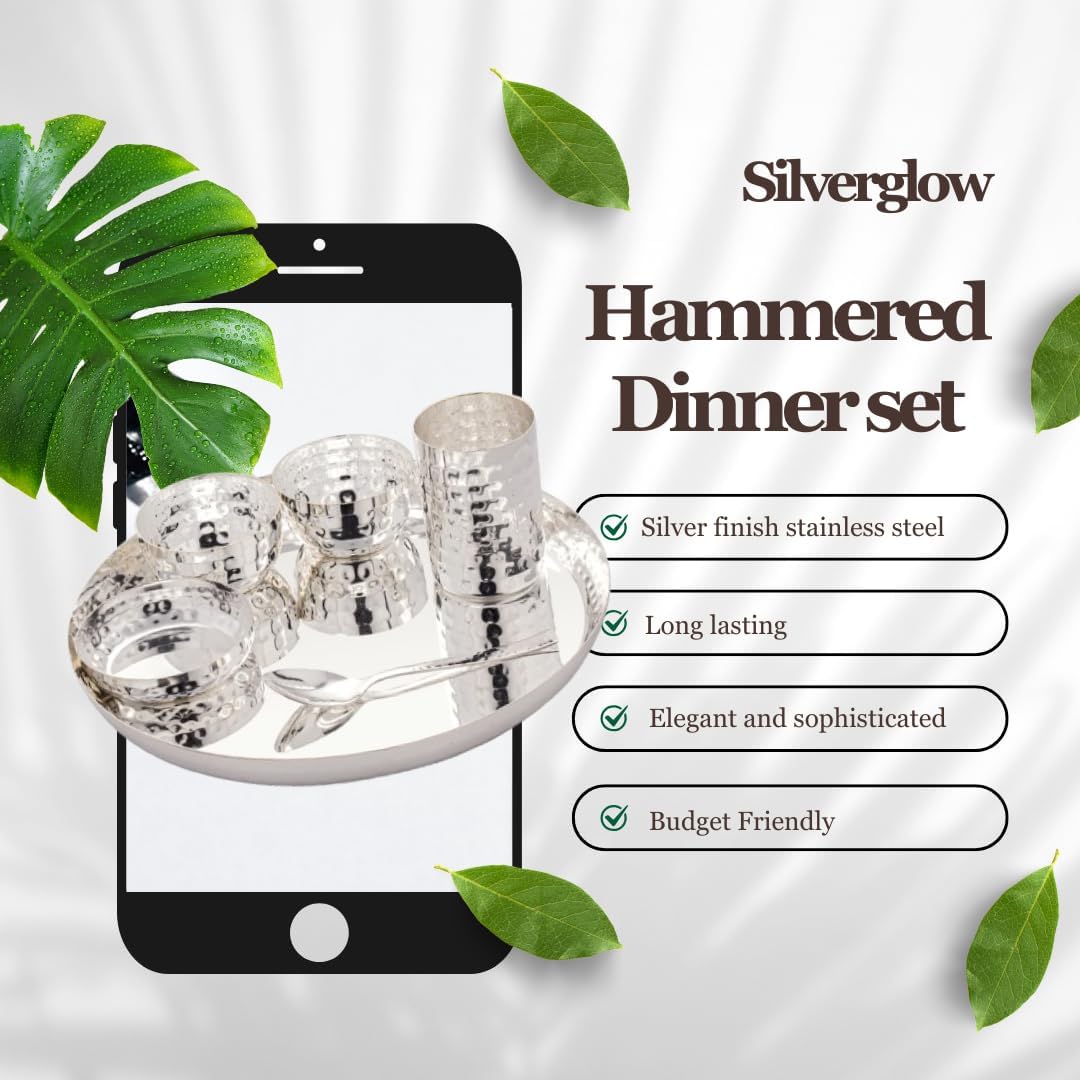 Silverglow Hammered Stainless Steel Dinner Set for 4 People, Silver Plated dinnerware Set of 24 pcs, Diwali Wedding Return Gift, Pure-Silver Plate Set Original — Amazon image 3