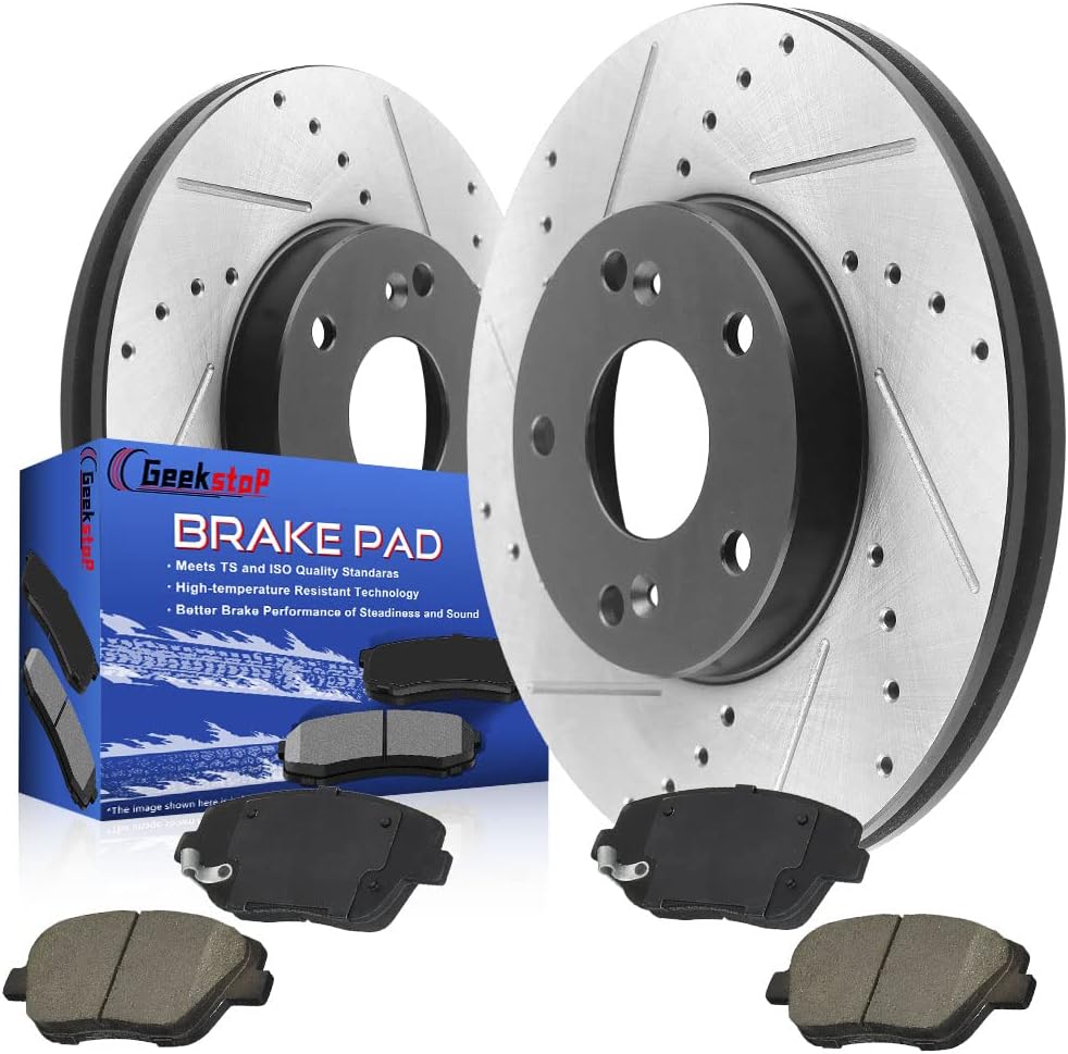 Front Brake Rotors and Brake Pads Kit for 2011 2012 2013 2014 2015 Hyundai Sonata, 2011-2016 Kia Optima Drilled and Soltted Disc Brake Rotors Ceramic Brake Pads Front Brake Kit