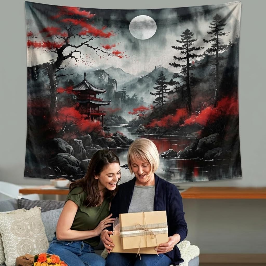 Atrippy Extra Large Anime Wall Tapestry for Bedroom Aesthetic, Black Forest Japanese Moon Tapestry Wall Hanging, Vintage Nature Mountain Art Decor Tapestries Dark Landscape Backdrop for Living Room 71"X90"