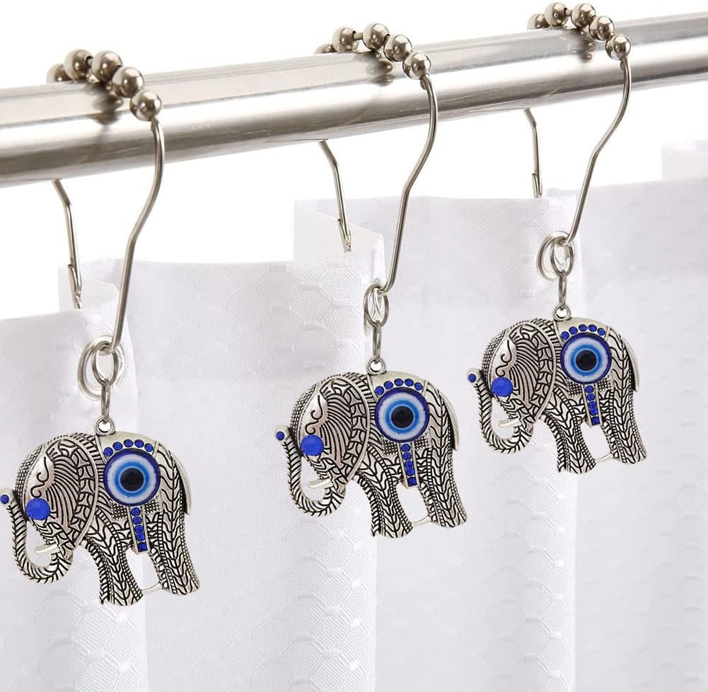 Decorative Elephant Shower Curtain Hooks Rings for Bathroom, Rust Proof Stainless Steel Curtain Ring Set of 12 with Unique Pendant Blue Eye Beads Elephant Theme Bathroom Decor Accessories