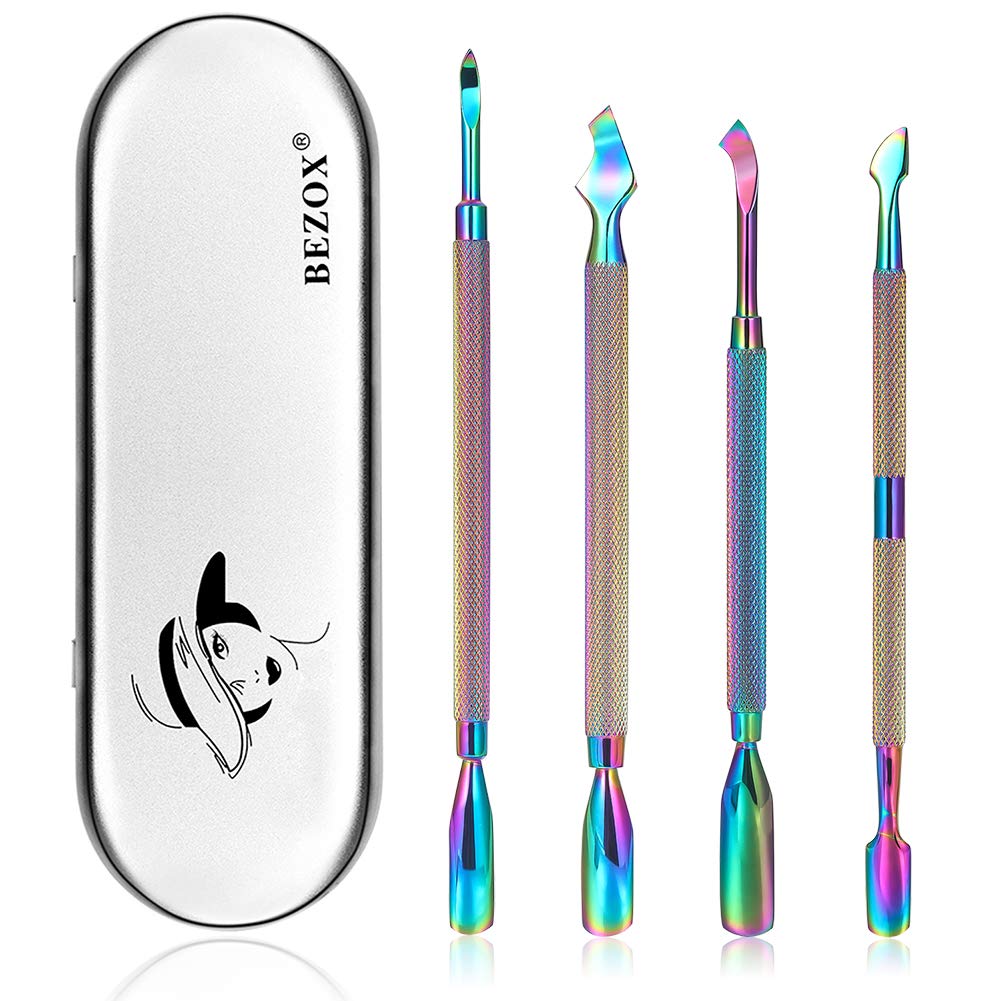 BEZOX Cuticle Pusher, 4PCS Premium Stainless Steel Professional Nail Pushers - Rainbow Color