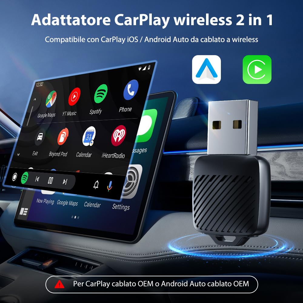 Adattatore wireless 2 in 1 per auto CarPlay e Android, mini dongle Plug & Play con USB-A e USB-C, converte CarPlay cablato in wireless, compatibile con iPhone e Android, Cars 2016+