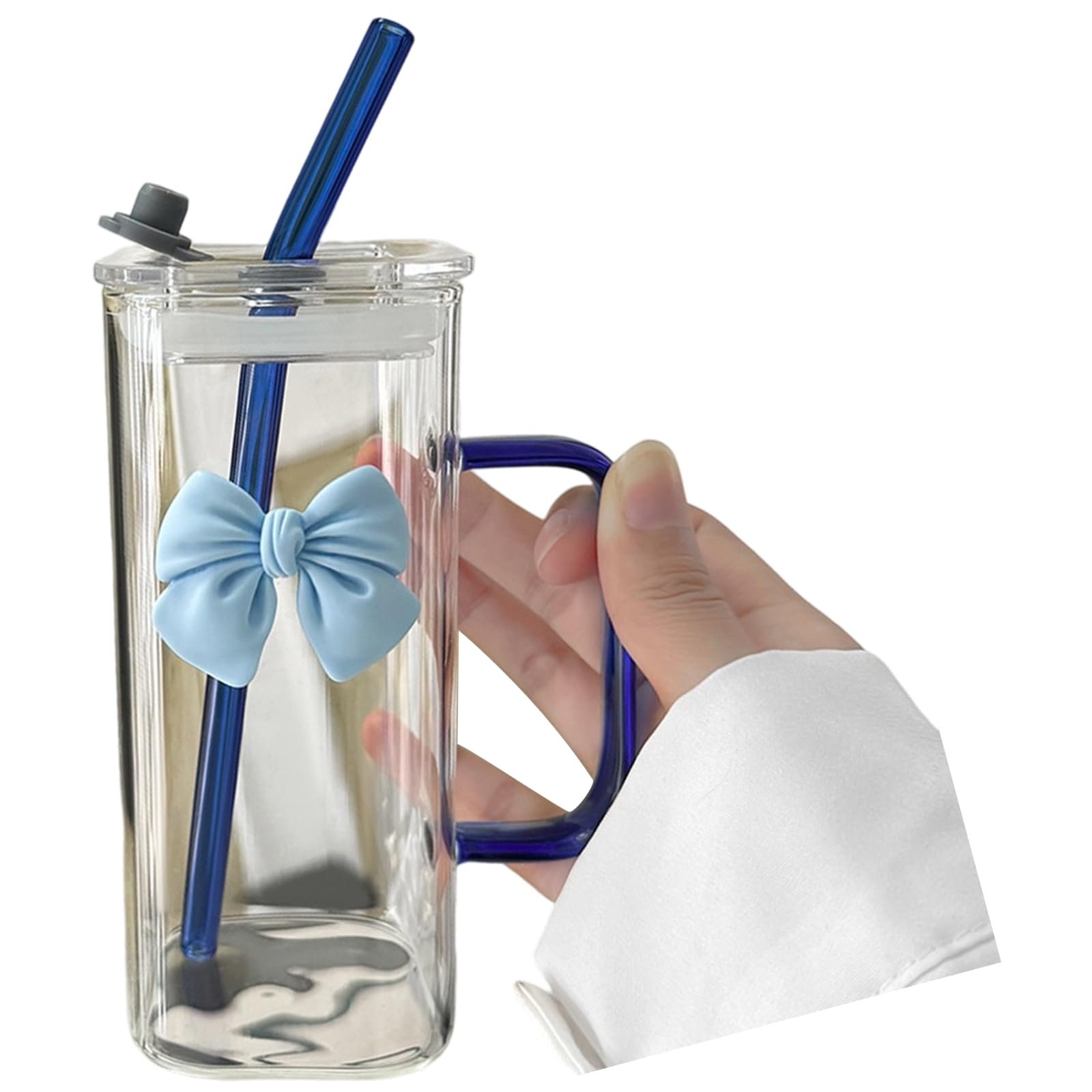 Kalttoy 400ml Glass Straw Tumblers with Lid and Handle Square Drinking Cup Clear Glass Drinkware Birthday Gift Clear Cup with Lid