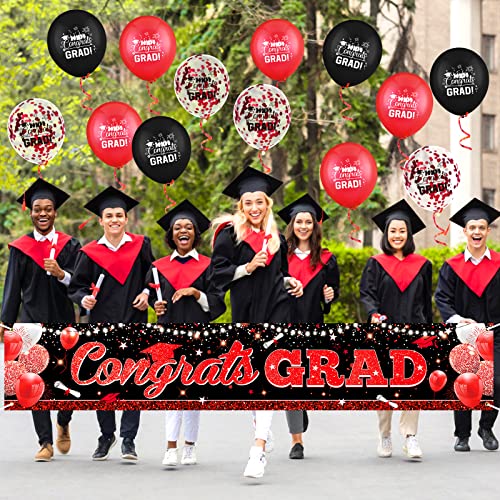 Graduation Party Decorations Red Black Graduation Banner Balloons Set Congrats Grad Yard Banner with 18pcs Balloons for Class of 2025 Party Sign Decor College High School Prom Party Supplies Outdoor - Thumbnail 7