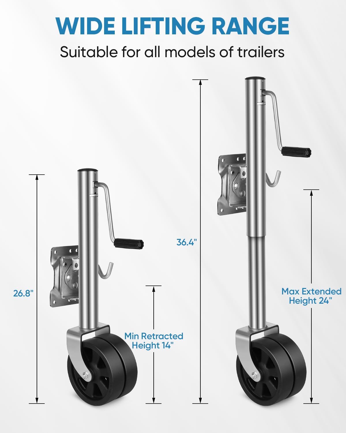 2000 lbs Boat Trailer Jack with Wheel, 8" Double Wheel RV Tongue Jack, Heavy Duty Dual Wheels Swivel Trailer Jack 12" Lift for Camper (Silver)