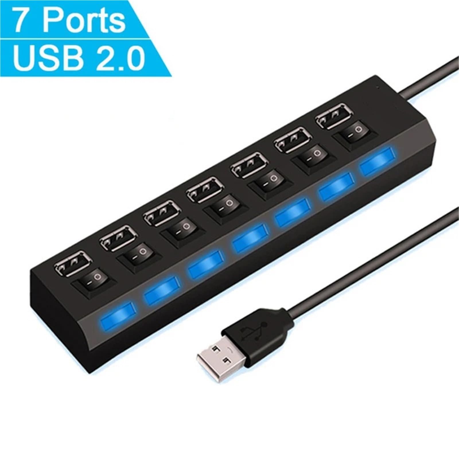 QVCTADPC 7 Port USB 2.0 Multi USB Splitter hub usb2.0 Hub Utilisez l'adaptateur d'alimentation exposant multiple avec des stations d'amarrage de HUB Cable Switch 30cm