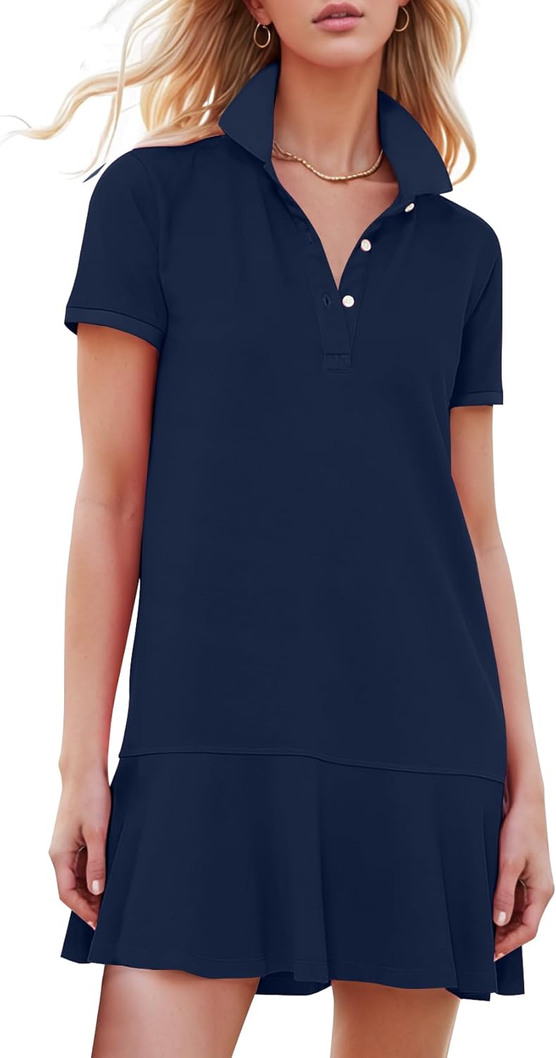 Kissonic Women's Polo Dress Short Sleeve V Neck Ruffle Hem Casual Summer Golf Tennis Mini Shirt Dresses