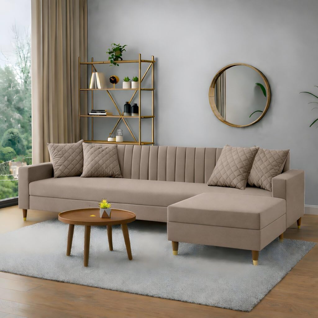 AMATA Elegant 4 Seater Camel Suede Velvet Fabric Sofa with Two Cushions Perfect for Home Office Guests Living Room (L Shape, Camel)(3 Year Warranty)-image-1
