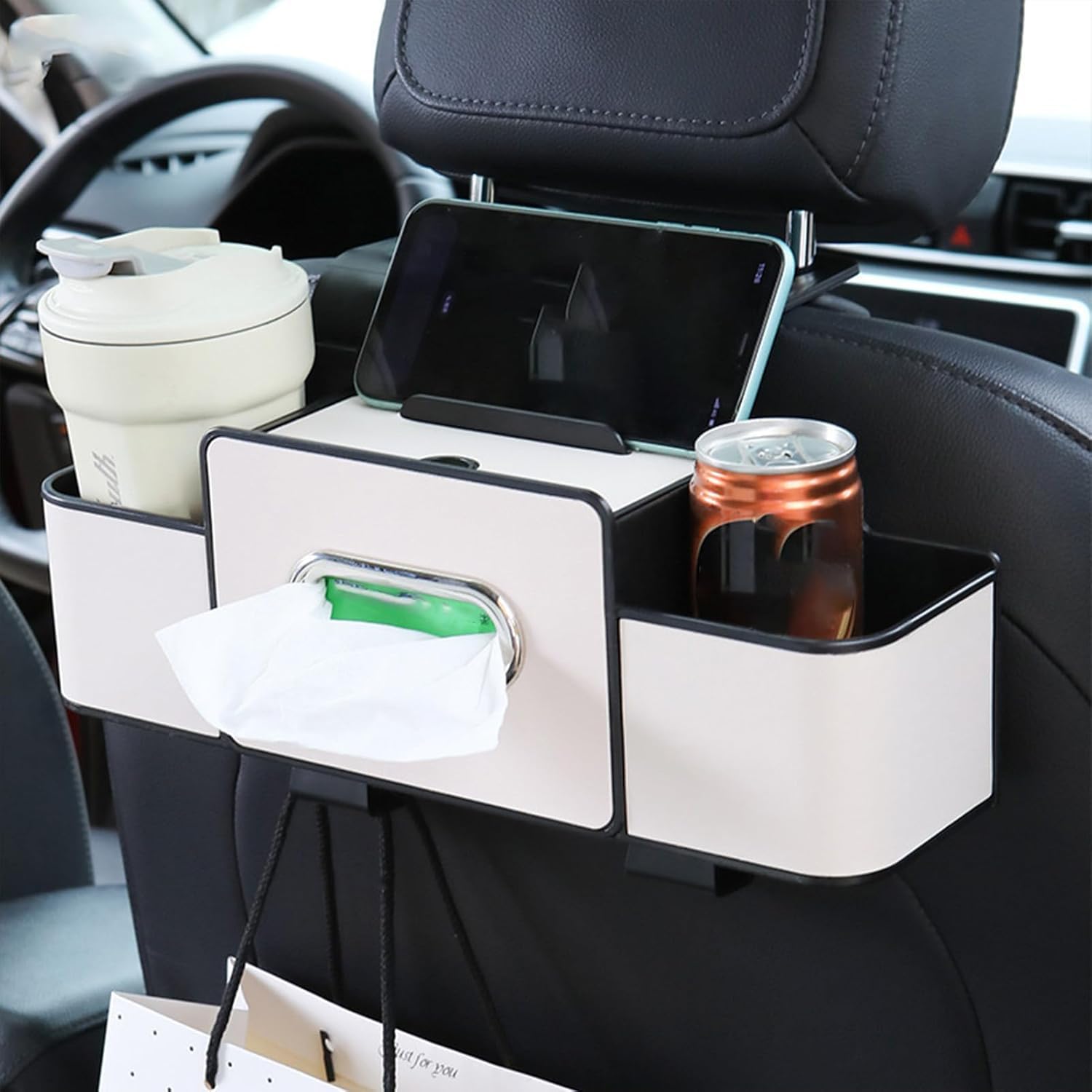 3-In-1 Car Backseat Organizer, 2026 New Car Organizers And Storage Box Behind Seat, CarBack Seat Organizer With Tissue, For Hold Phone, Drinks, Handbag, With 2 Cup Holders & Hooks (white)