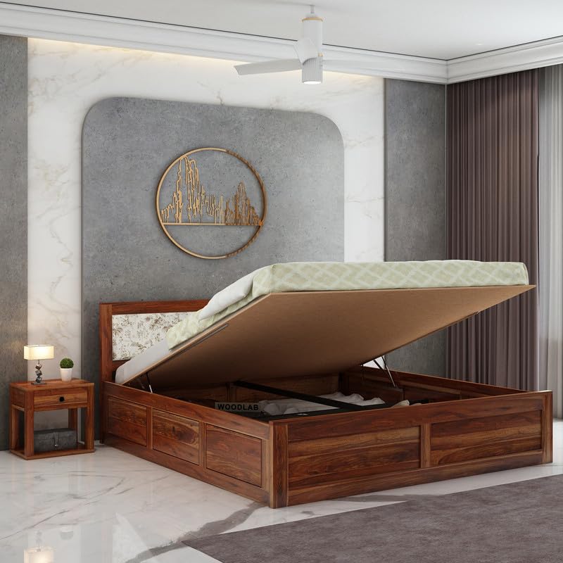 woodlab solid sheesham wood queen size bed with hydraulic storage | wooden double bed cot palang furniture with upholstery headboard for bedroom, living room, home and hotels (natural finish)