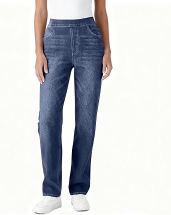 Women Straight Leg Faux Jeans Stretchy Pull On Work Pants Tummy Control High Waisted Soft Denim Print Pant with Pockets