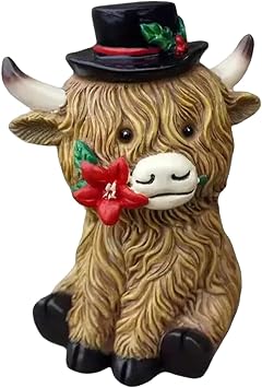 Highland Cow Decor, Cow Christmas Decorations, Creative Resin Cow Statue, Highland Cow Figurine for Christmas Home Farmhouse Table Mantle Ornaments A