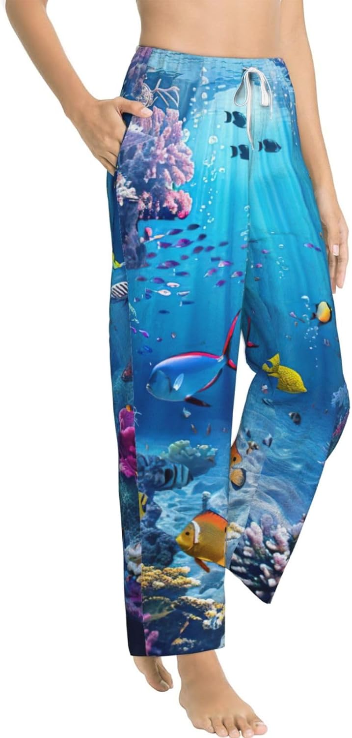 Colorful Ocean Theme Print Fashion Cozy Womens Flannel Pajama Pants,Perfect For Christmas And Everyday Wear