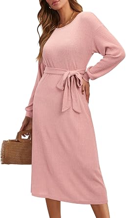 STYLEWORD Womens2023 Fall Dress Lightweight Ribbed Knitted Dress Long Sleeve Midi Dresses with Belt