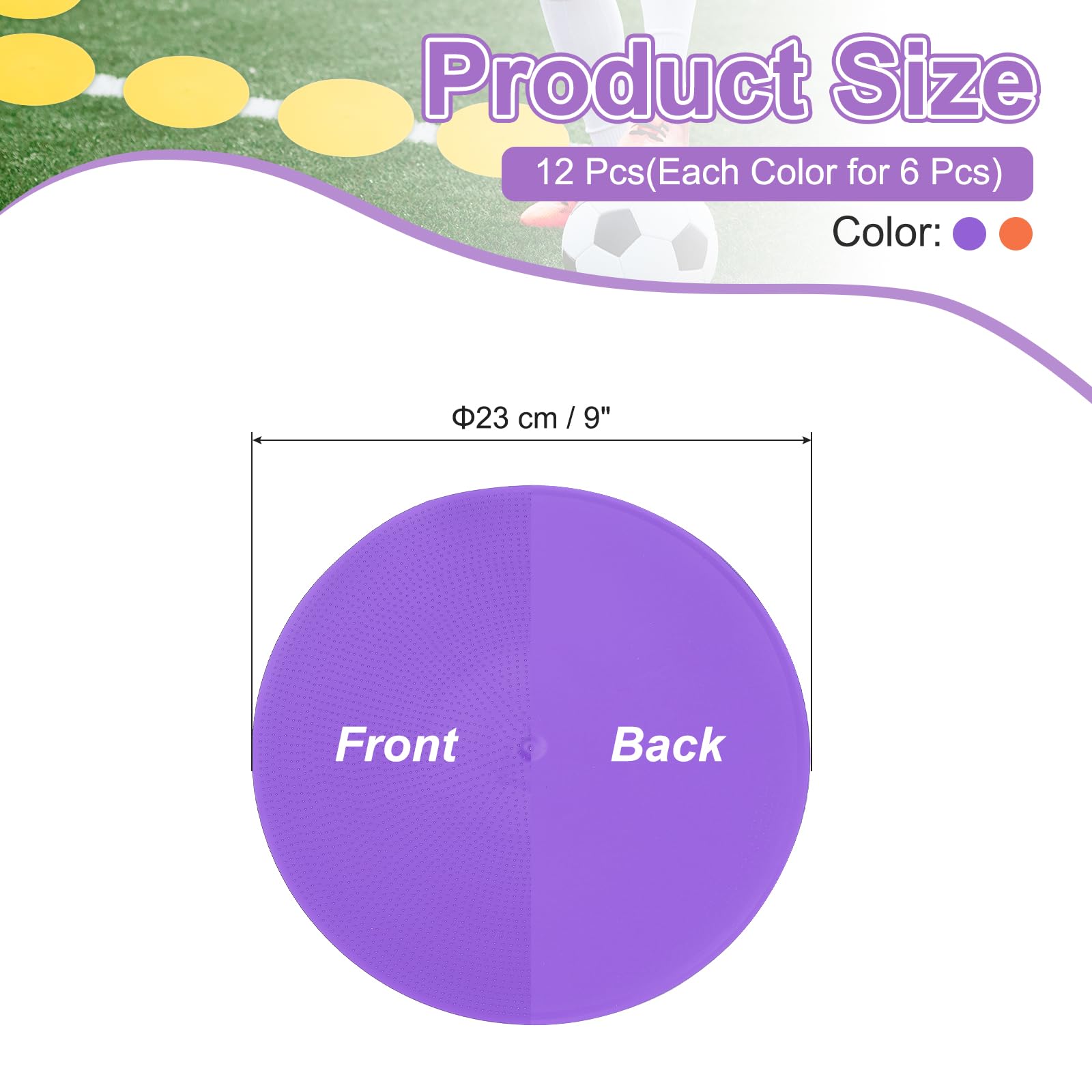 PATIKIL Marqueurs Au Sol 9 Pouces, 12 Pcs Points Anti-Dérapants Marqueurs rapidité Cônes Plats Poly Points pour Gym EPS Vitesse Entraînement Danse Football Basketball Sports, Orange/Violet