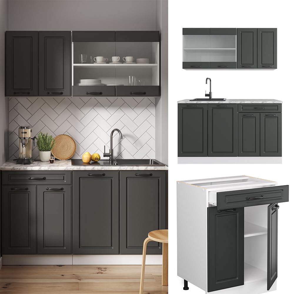 Vicco Singleküche R-Line, Anthrazit Landhaus, 140 cm ohne Arbeitsplatte, geeignet für kleine Räume, modular erweiterbar