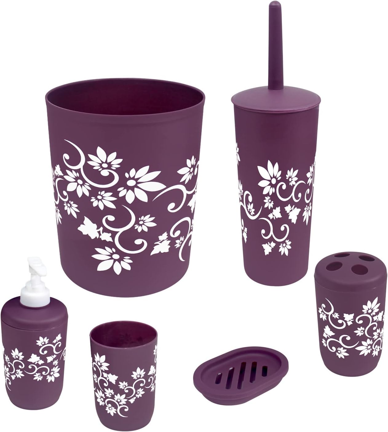 Blue Donuts Bathroom Accessories Set Complete, Toilet Brush and Holder, Trash Can, Toothbrush Holder, Purple, 6 Pieces