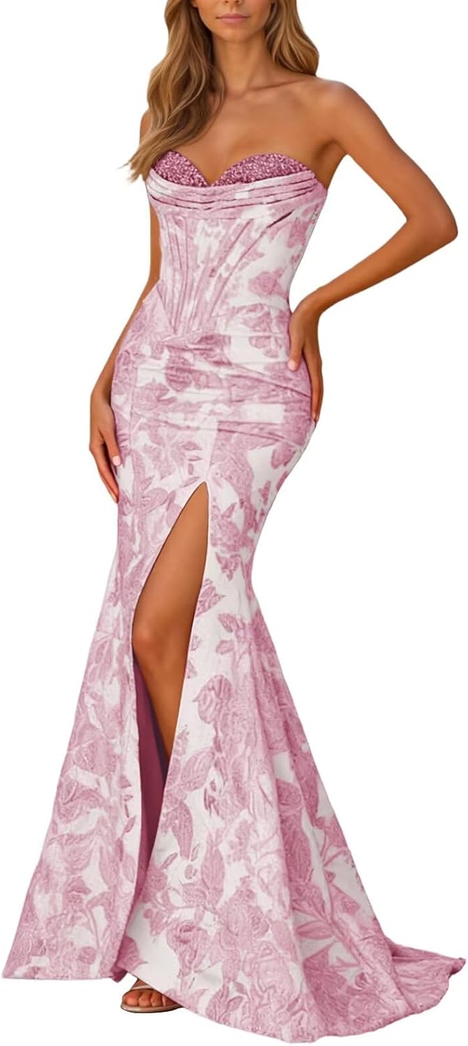 Floral Satin Corset Prom Dresses for Women Strapless Mermaid Jacquard Formal Party Gowns with Slit