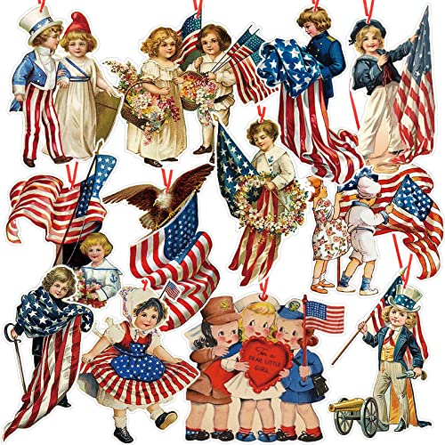 Fuutreo 48 Pcs Vintage Patriotic Ornaments for Tree Retro 4th of July Hanging Decorations Memorial Day Tree Ornaments Red White Blue Hanging Decorations for Home Independence Day Party Favors