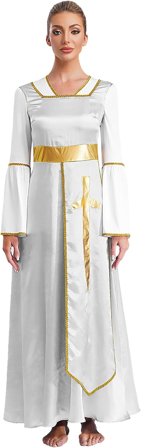 Women Metallic Cross Liturgical Praise Dance Dress Church Worship Dancewear Ruffle Overlay Maxi Dress
