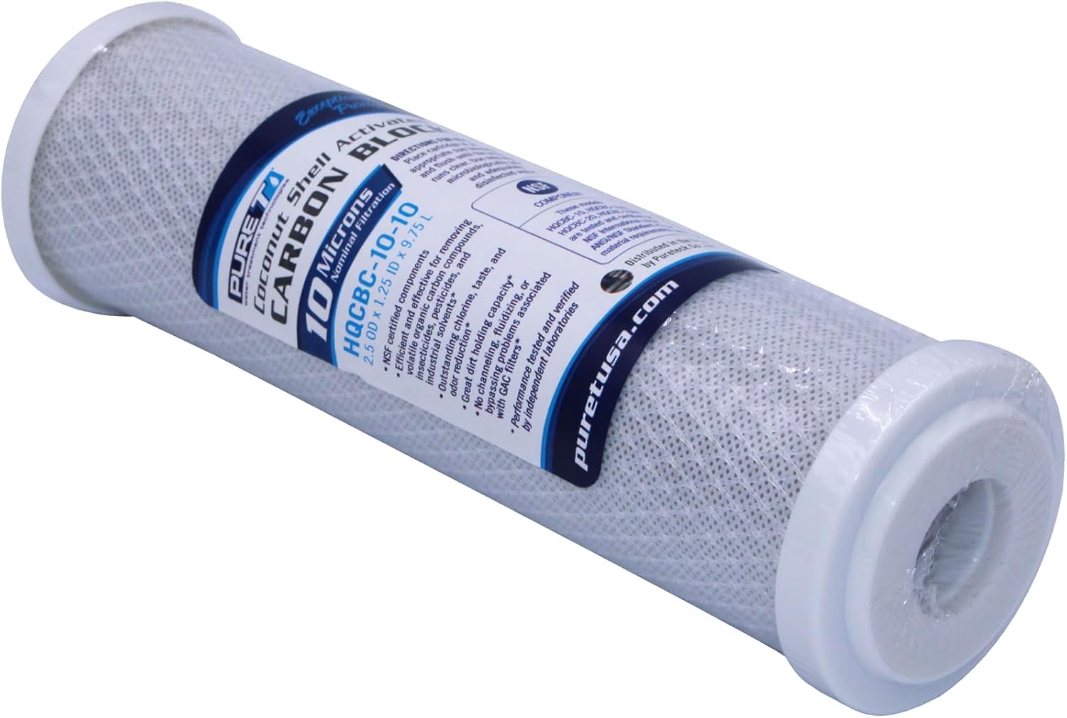 PureT HQCBC-10-10, 10x2.5" Coconut Carbon Block Filter - NSF Certified - Cononut Shell Activated Carbon removes Chlorine, Dirt and More (10 u Micron Rated)