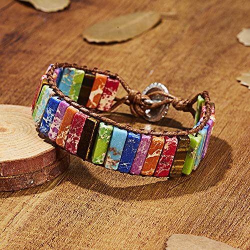 Imperial Jasper Chakra Bracelet Handmade Leather Sunflower Button Adjustable Wrap Bracelet Bohemian Multi Color Woven Natural Stone Yoga Tube Beaded Healing Jewelry For Womens Girls Friendship-Rainbow #TOP1