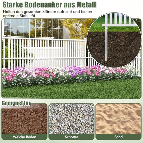 COSTWAY Gartenzaun 2-teilig, 114 cm hoch, Zaun mit Pfosten & Schutzkappen, PVC Sichtschutzzaun, Steckzaun Zaunelementen, Freistehender dekorativer Zaun, Sichtschutz für Garten & Terrasse, Weiß