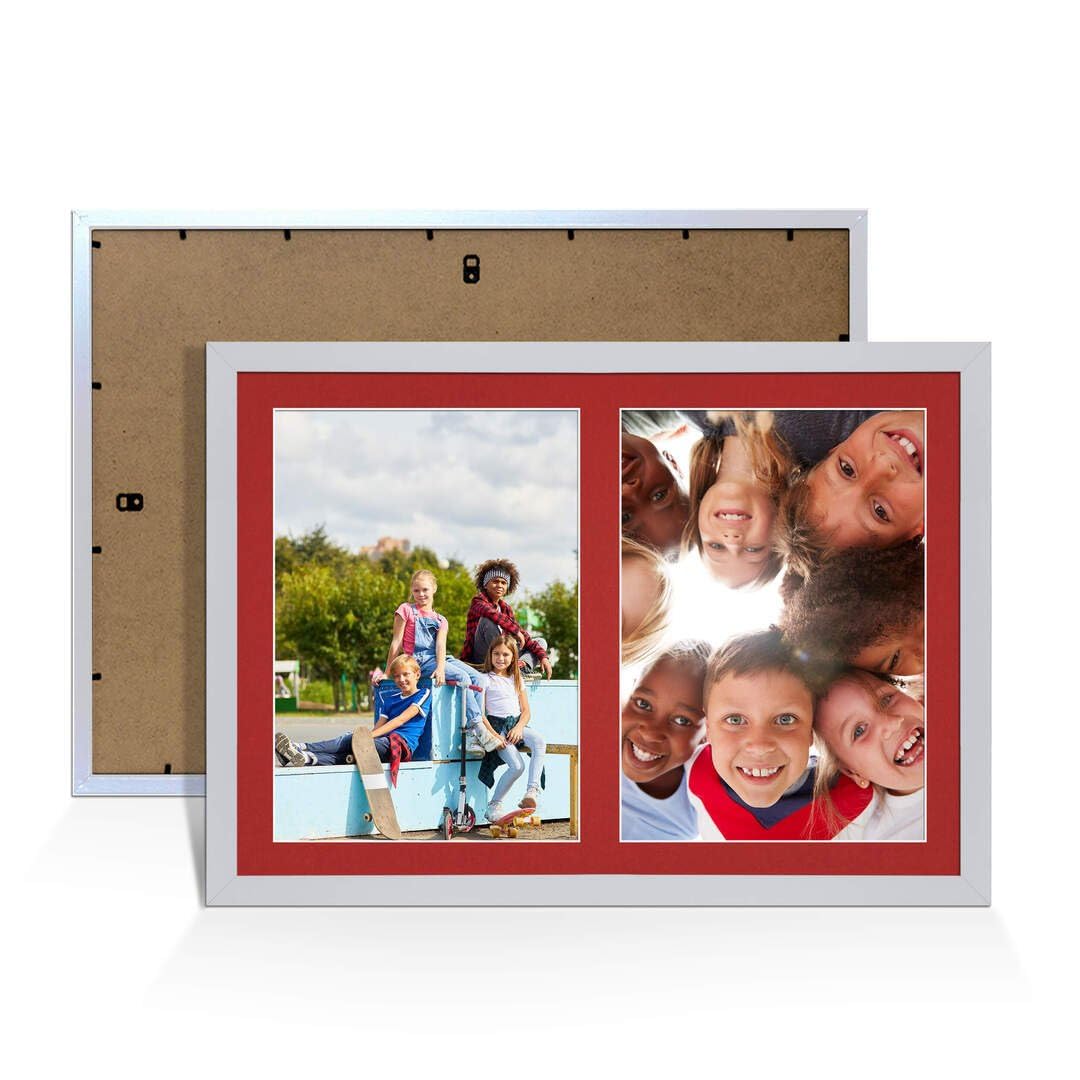 Procut Global 20X14 Silver Photo Frames For Multiple Pictures with Crimson Mount-Sleek Collage Frame with 2 Apertures (2x) A4-Engineered Wood with Shatterproof Perspex