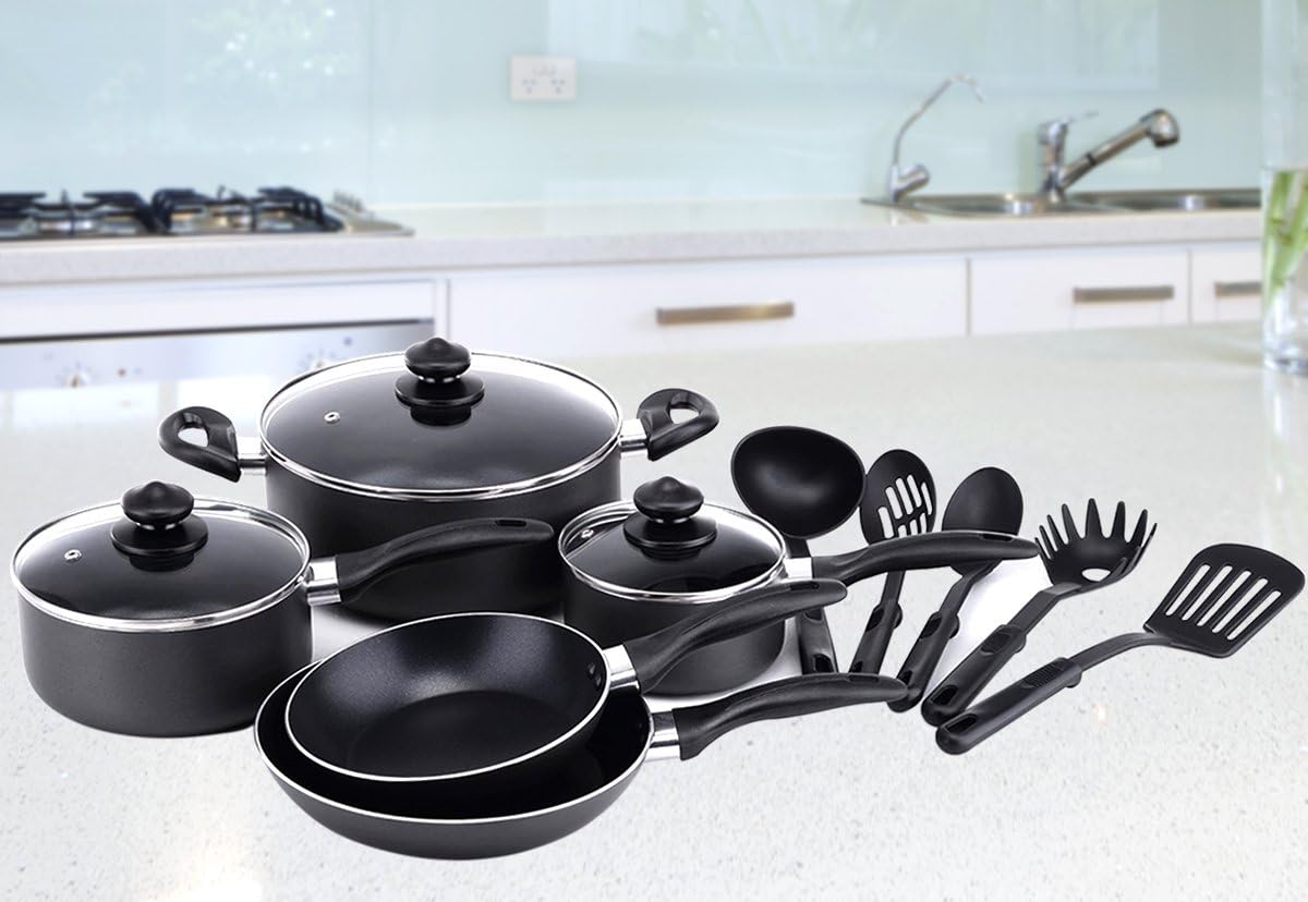 13 Pieces Kitchen Cookware Set - Black, Highly Durable, Even Heat Distribution, Double Nonstick Coating - Multipurpose Use for Home, Kitchen or Restaurant - by Utopia Kitchen