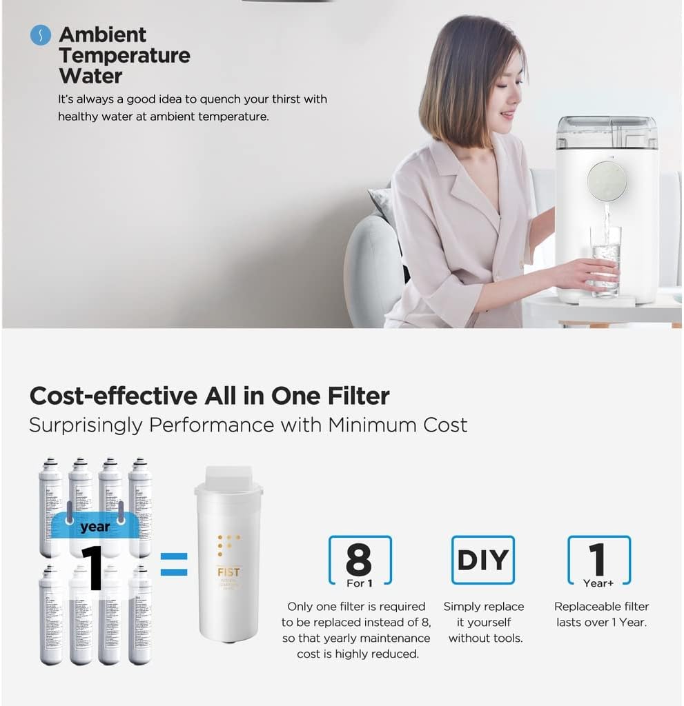Woman pouring ambient temperature water from Midea JR1878T-NF Water Purifier into a glass