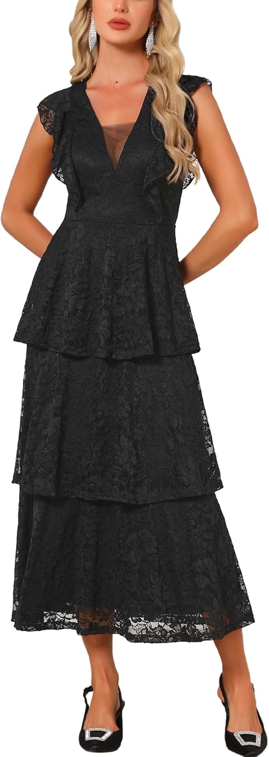 Women's Lace Dress for Wedding Guest Cocktail Evening Ruffle Cap Sleeves Tiered A-Line Maxi Dresses