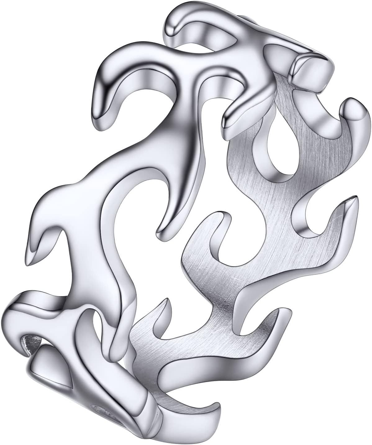 Mens Flame Ring Chunky Cool Stainless Steel Silver Ring for Men