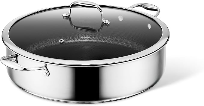 HexClad Hybrid Nonstick 10-Quart Deep Saute Pan with Tempered Glass Lid, Stay-Cool Handle, Dishwasher-Friendly, Oven-Safe Up to 900F, Induction Ready, Compatible with All Cooktops
