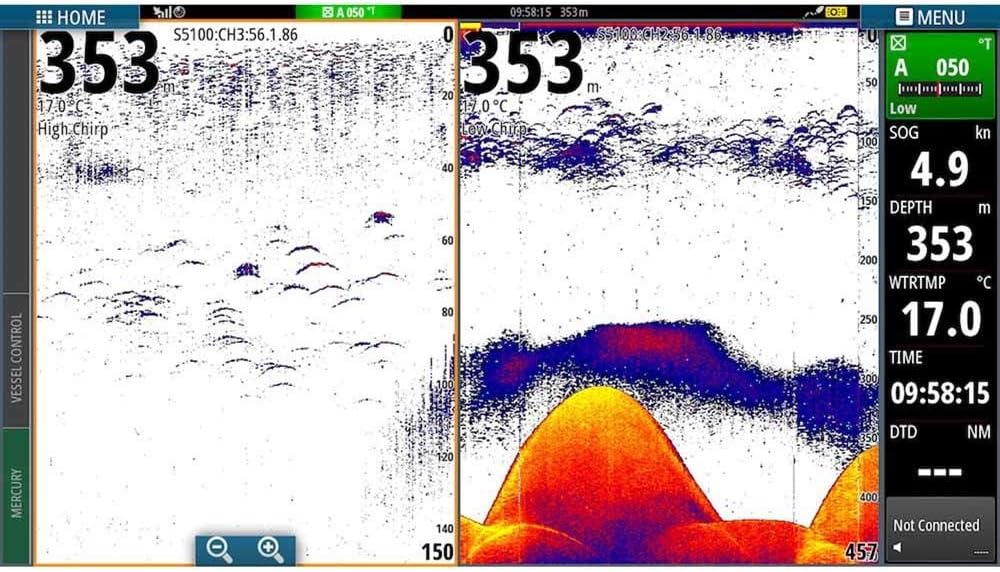 Simrad S5100 Sonar Display showing CHIRP at 353 meters